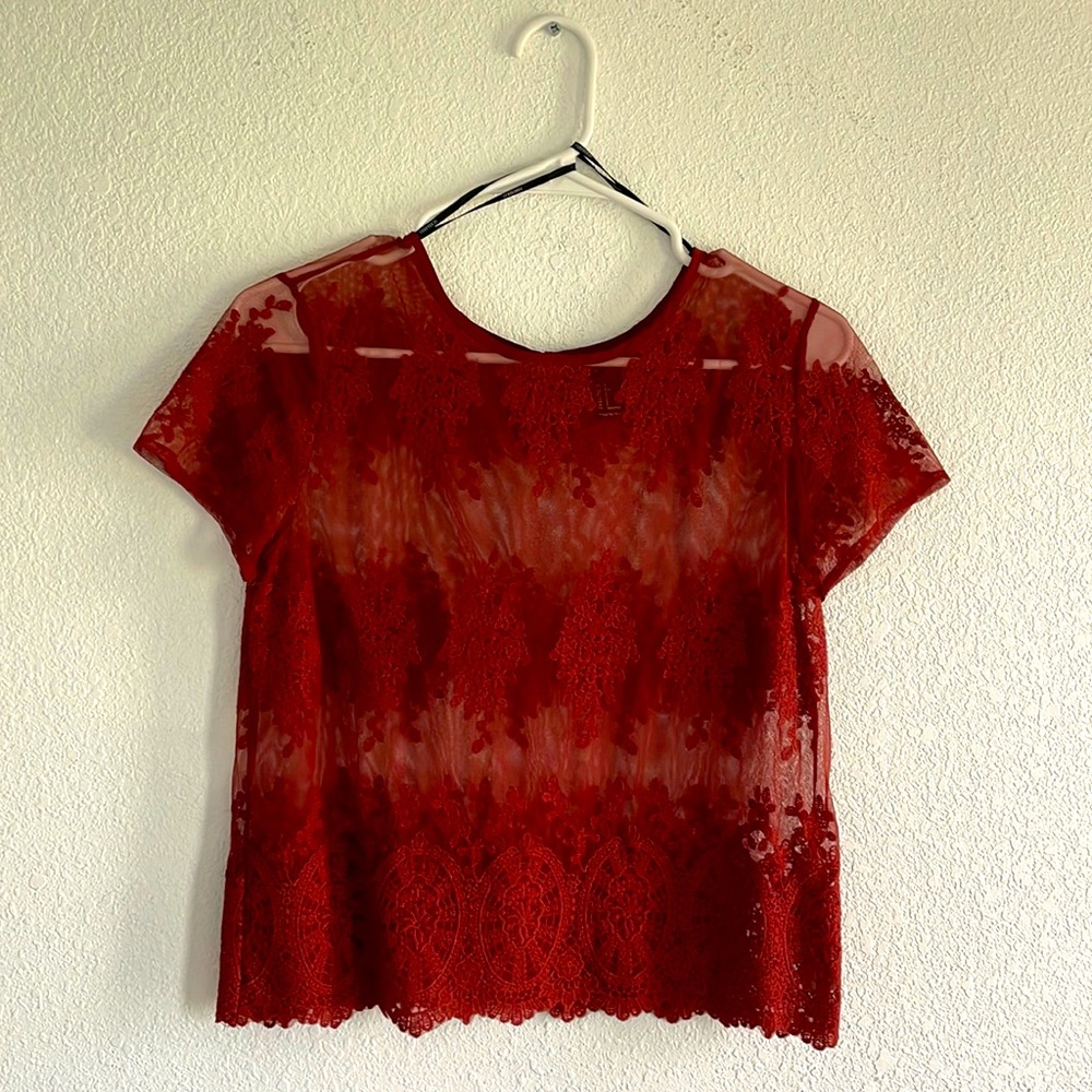 Rust short sleeve mesh top with pretty appliqué all over